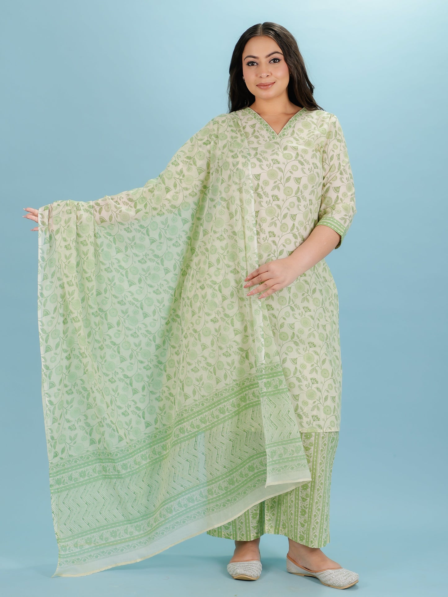 Soft Cotton Floral Straight Green Kurta