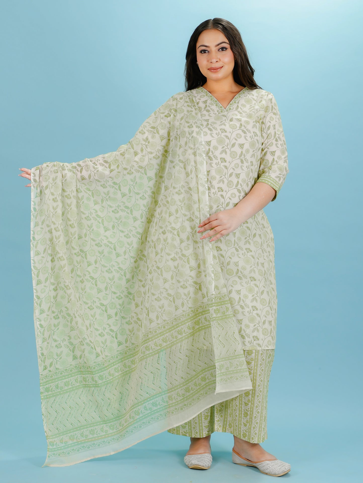 Soft Cotton Floral A-line Green Kurta