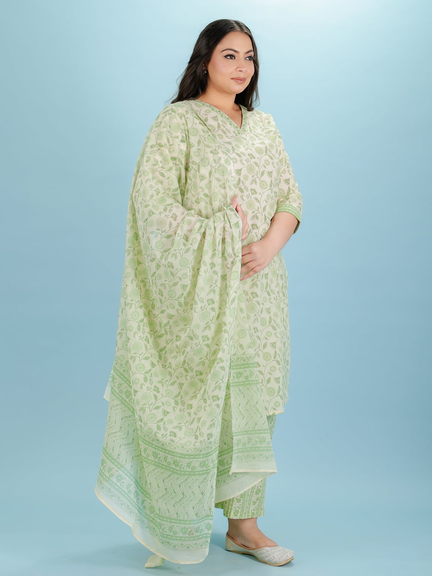 Soft Cotton Floral Straight Green Kurta