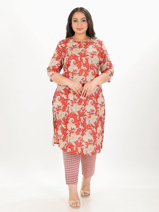 Soft Cotton Floral Straight Red Kurta