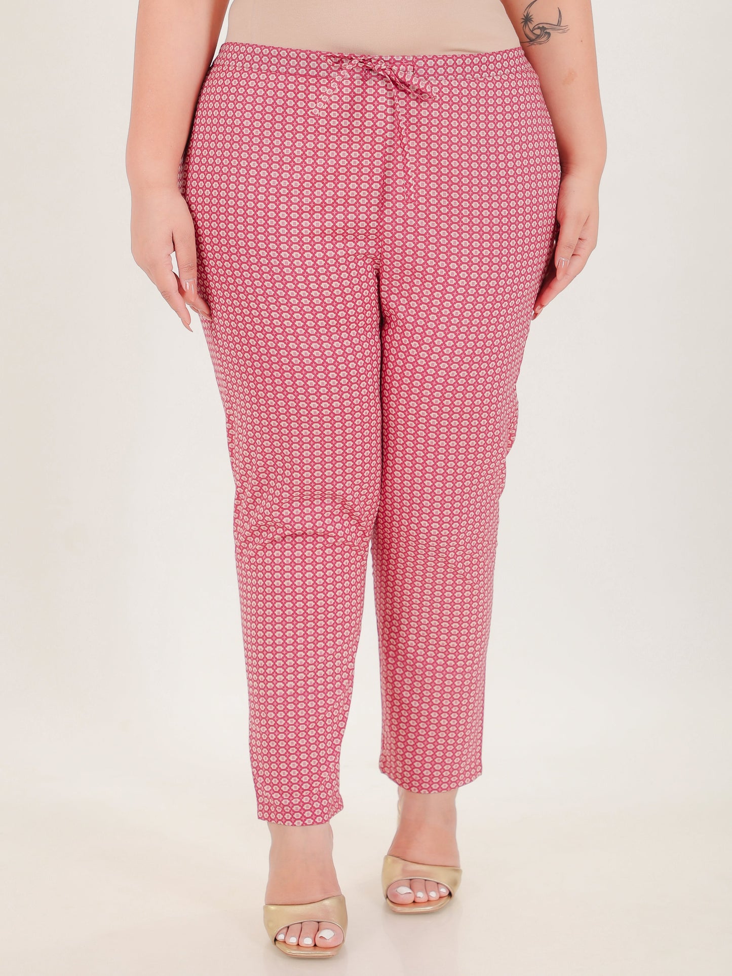 Soft Cotton Geometric Pink Tapered Trousers