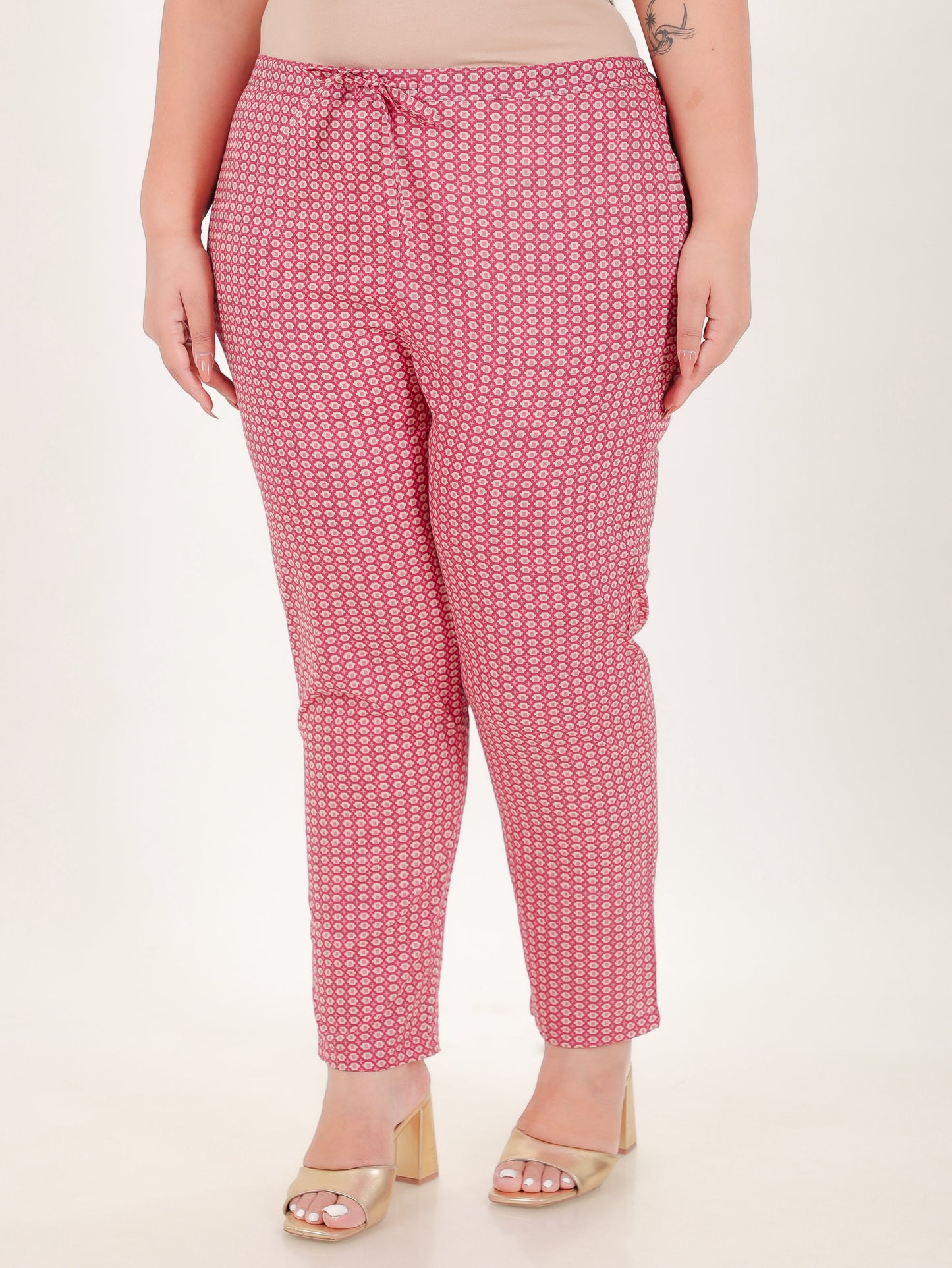 Soft Cotton Geometric Pink Tapered Trousers
