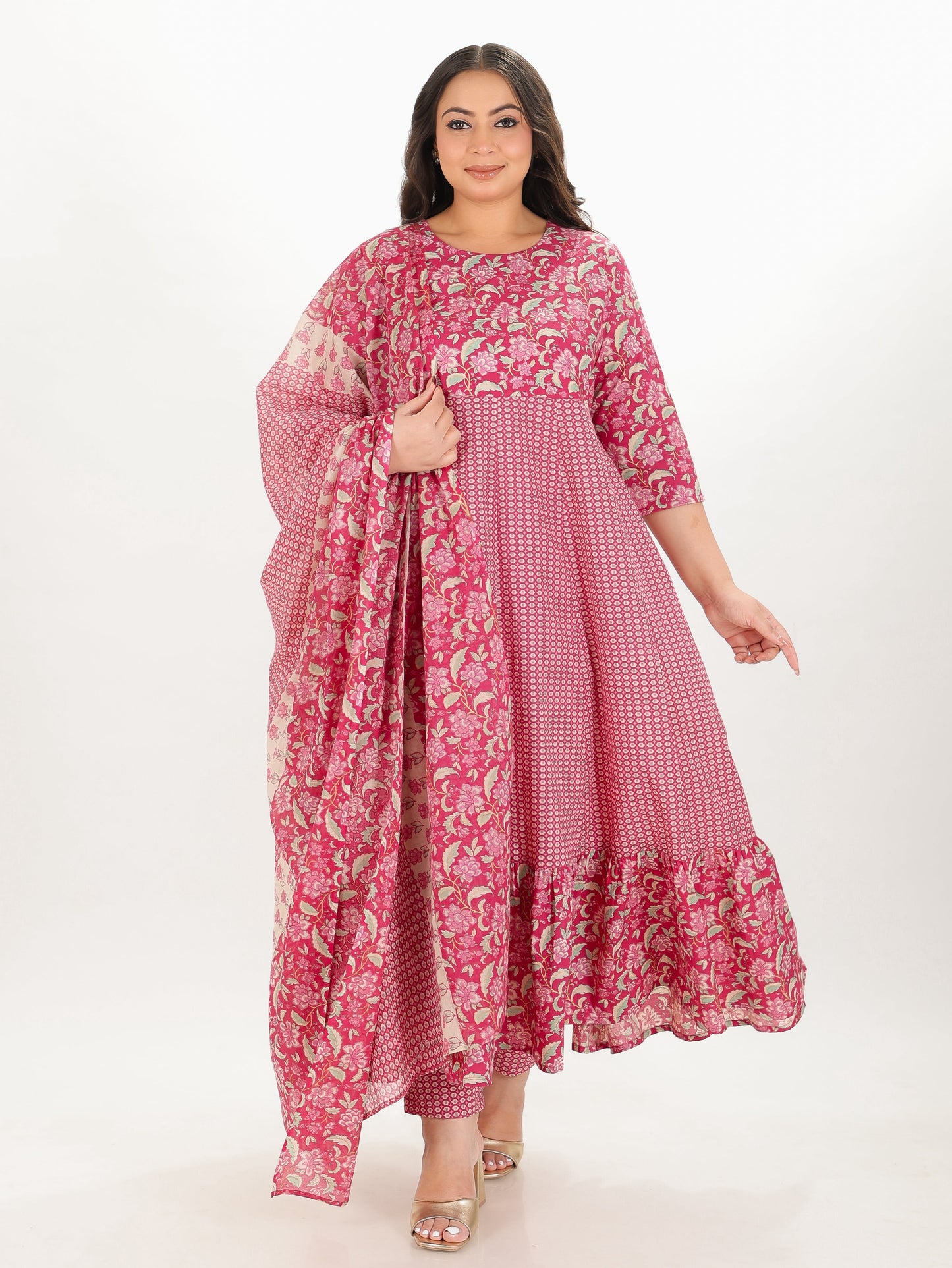 Soft Cotton Floral Anarkali Pink Kurta