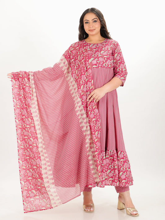 Soft Cotton Floral Anarkali Pink Kurta