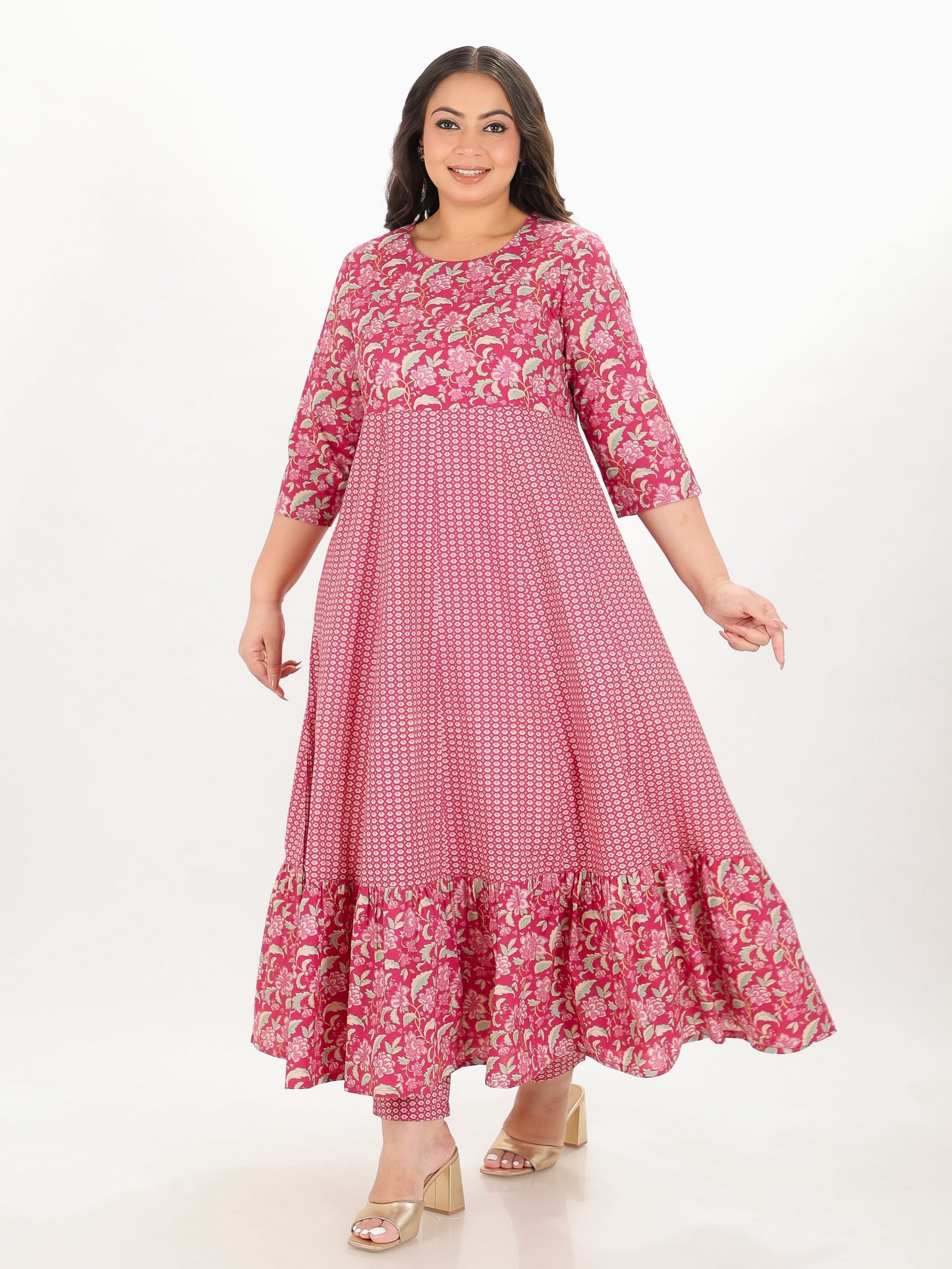 Soft Cotton Floral Anarkali Pink Kurta