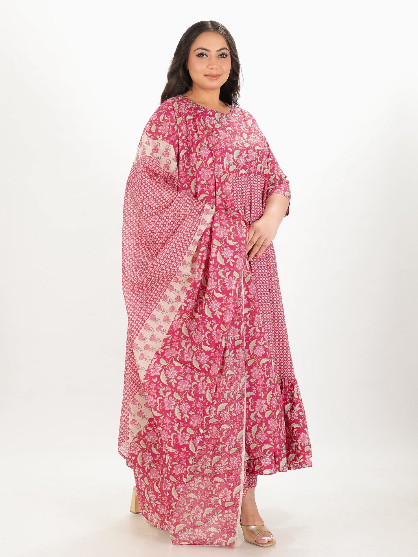 Soft Cotton Floral Anarkali Pink Kurta