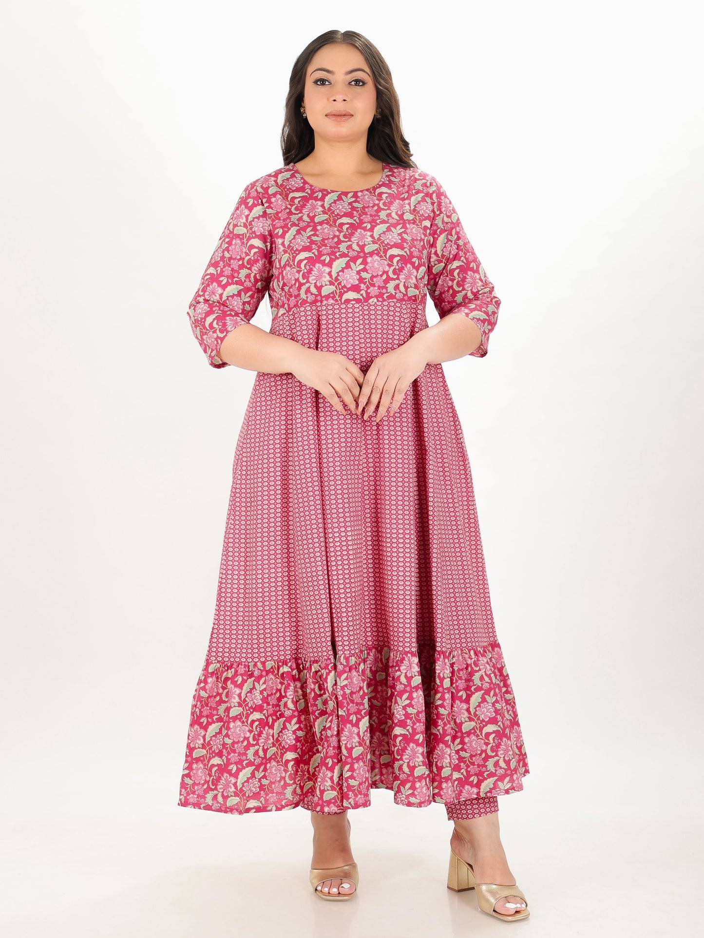 Soft Cotton Floral Anarkali Pink Kurta