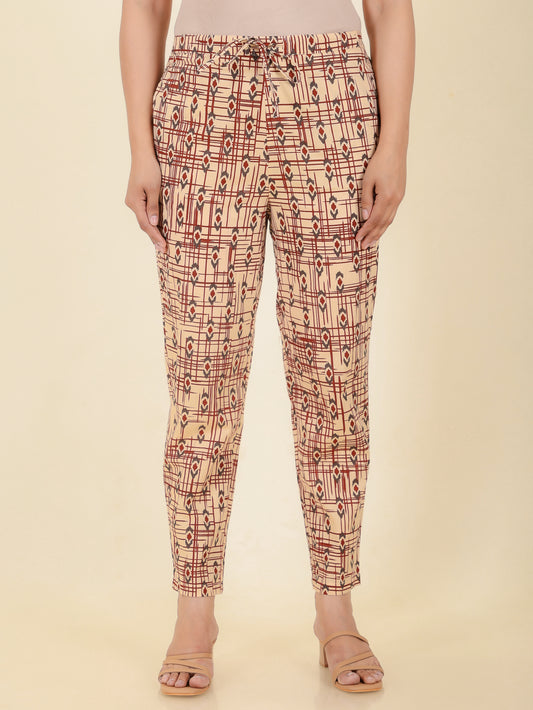 Soft Cotton Ikat Beige Tapered Trousers