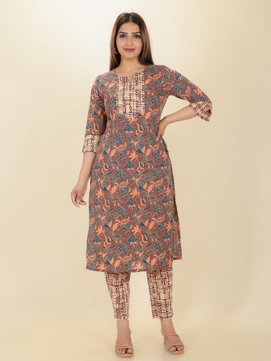 Soft Cotton Floral Straight Brown Kurta