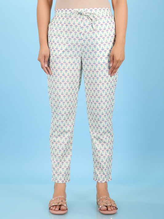 Soft Cotton Floral White Tapered Trousers