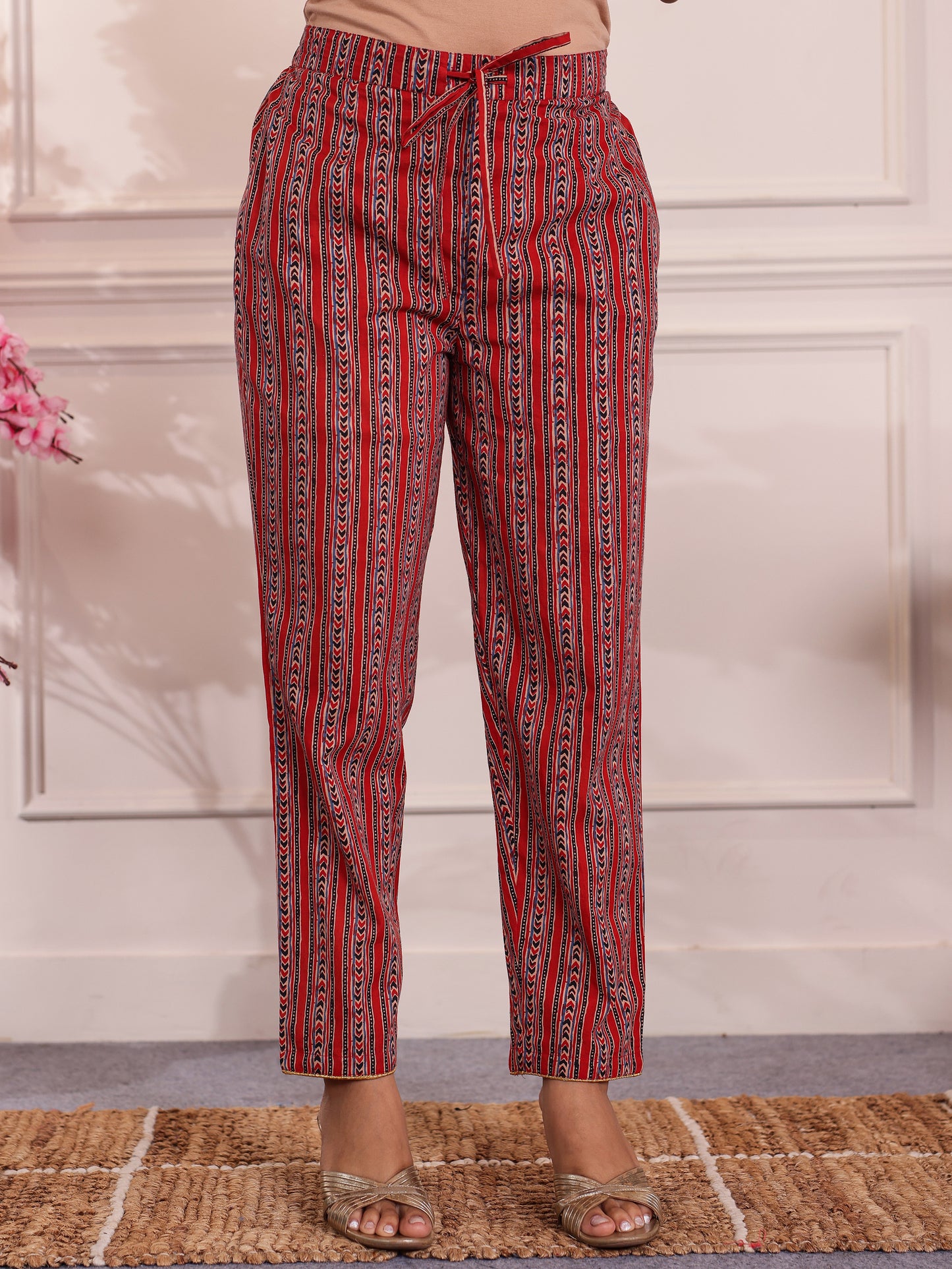 Soft Cotton Striped Red Tapered Tapered Trousers
