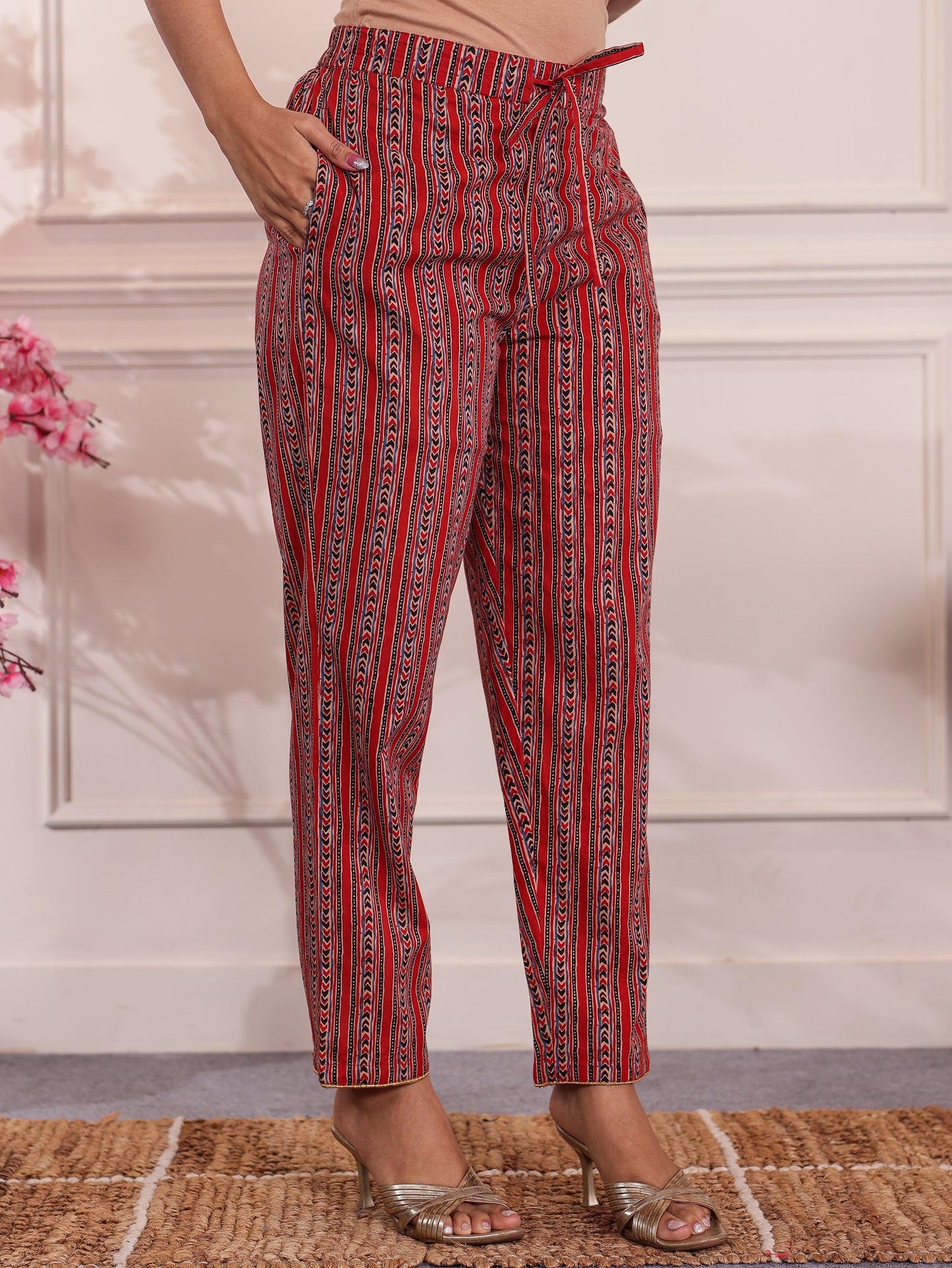 Soft Cotton Striped Red Tapered Tapered Trousers