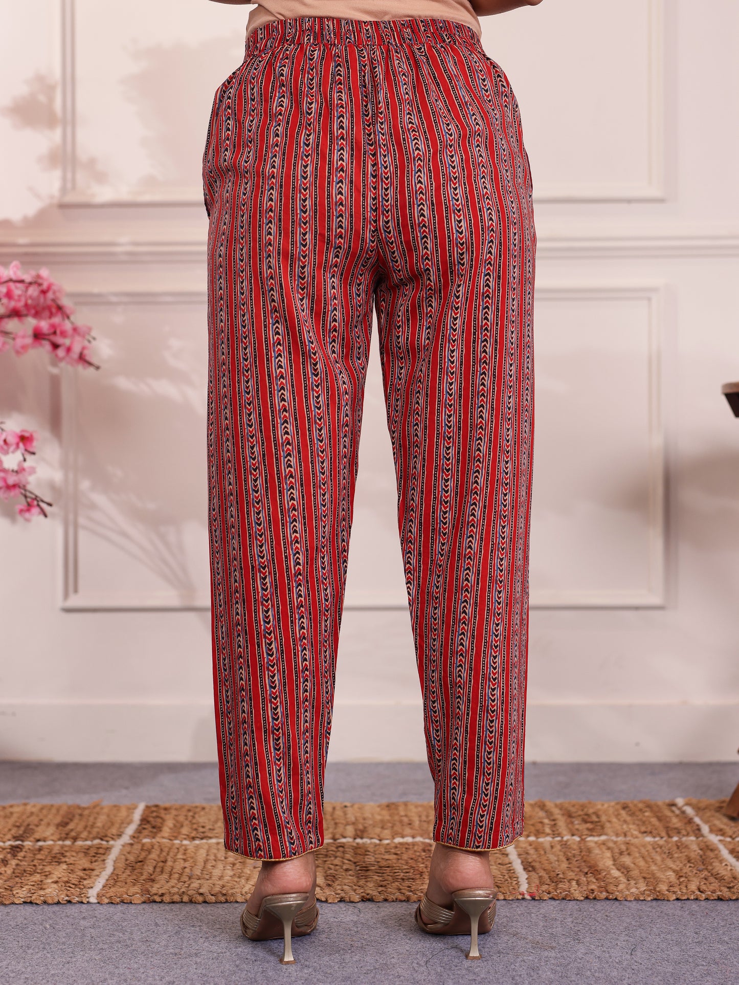 Soft Cotton Striped Red Tapered Tapered Trousers