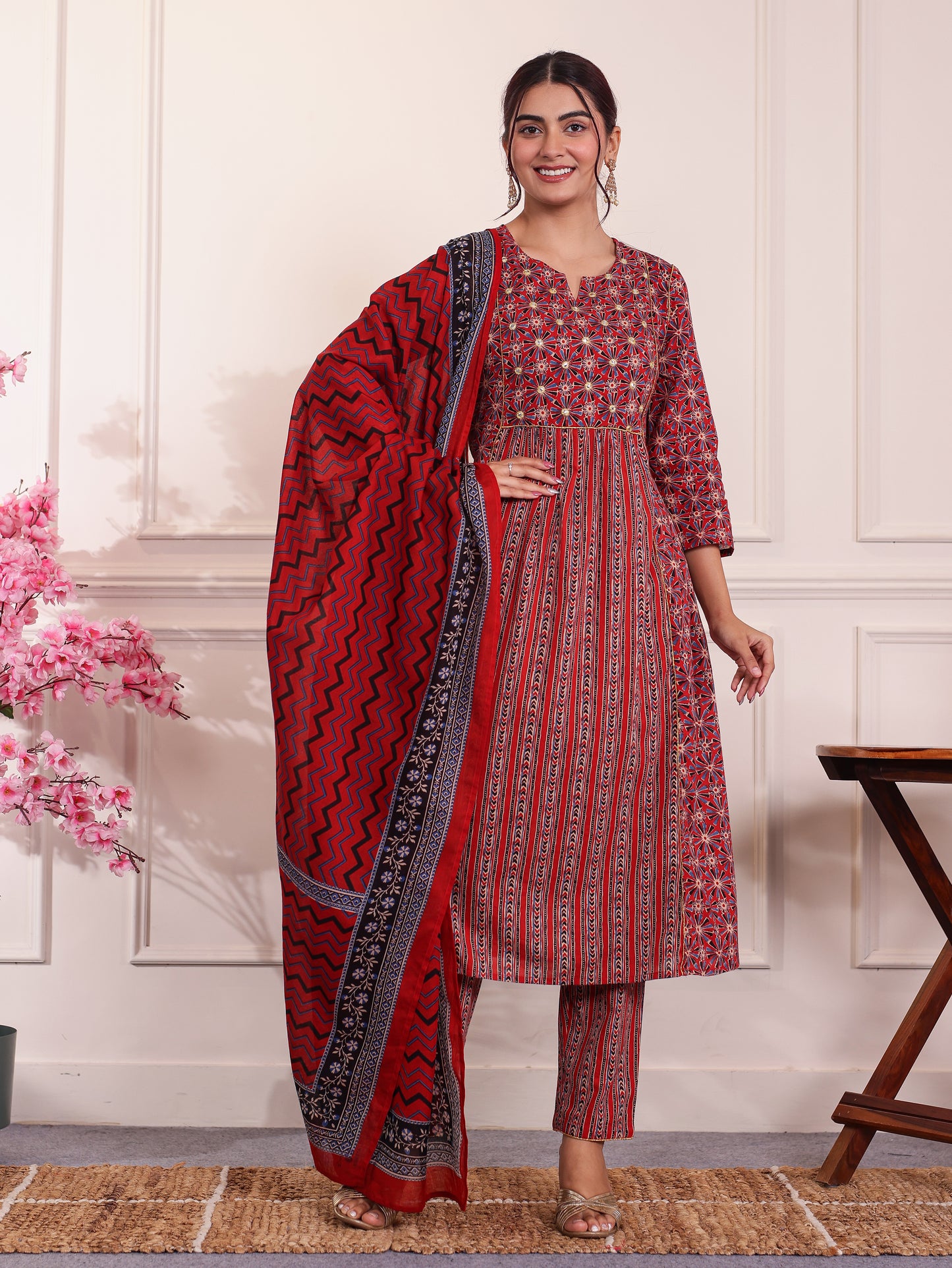 Cotton Voile Striped Red Dupatta