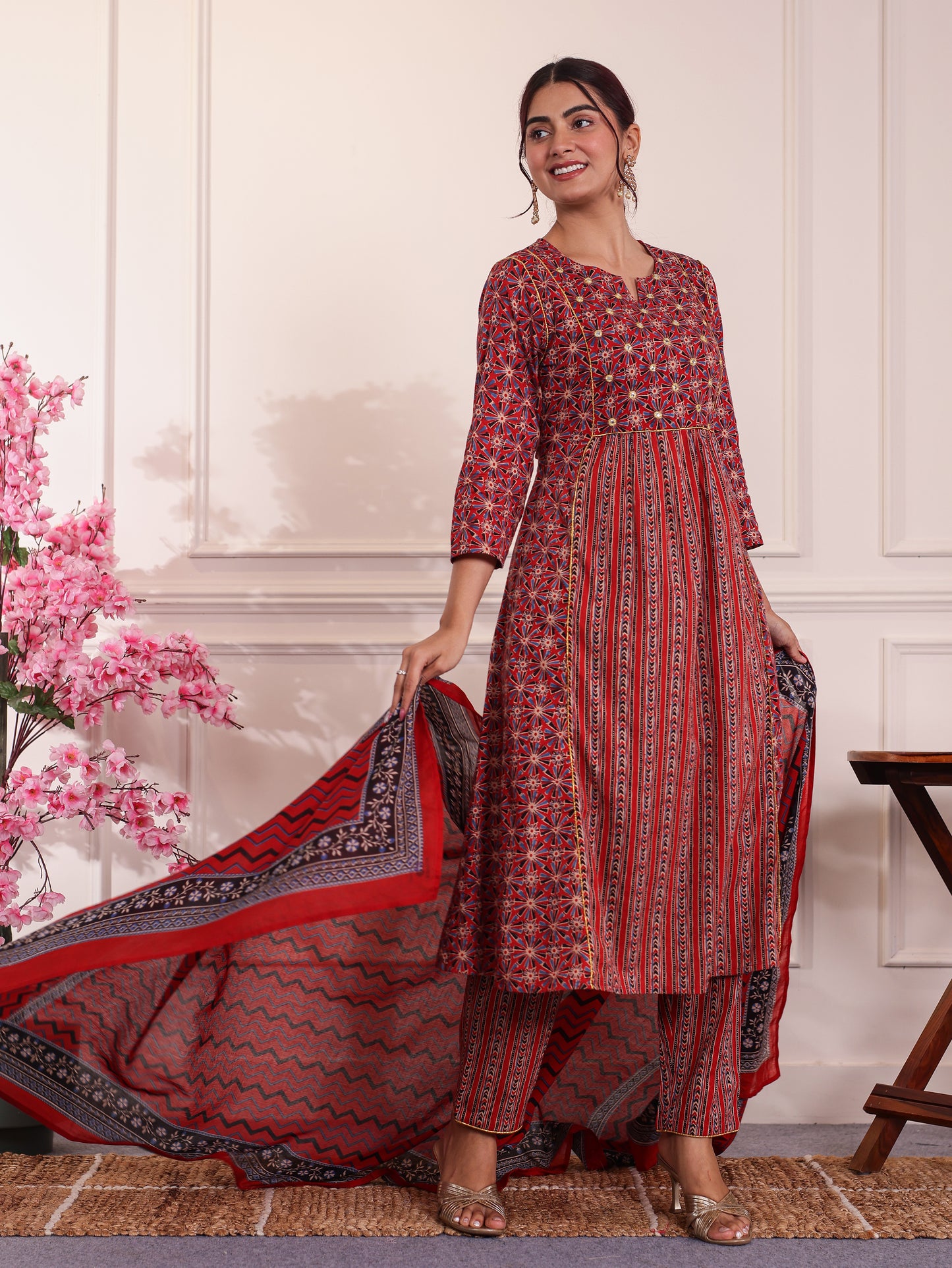Embroidered Soft Cotton Geometric Panelled Red