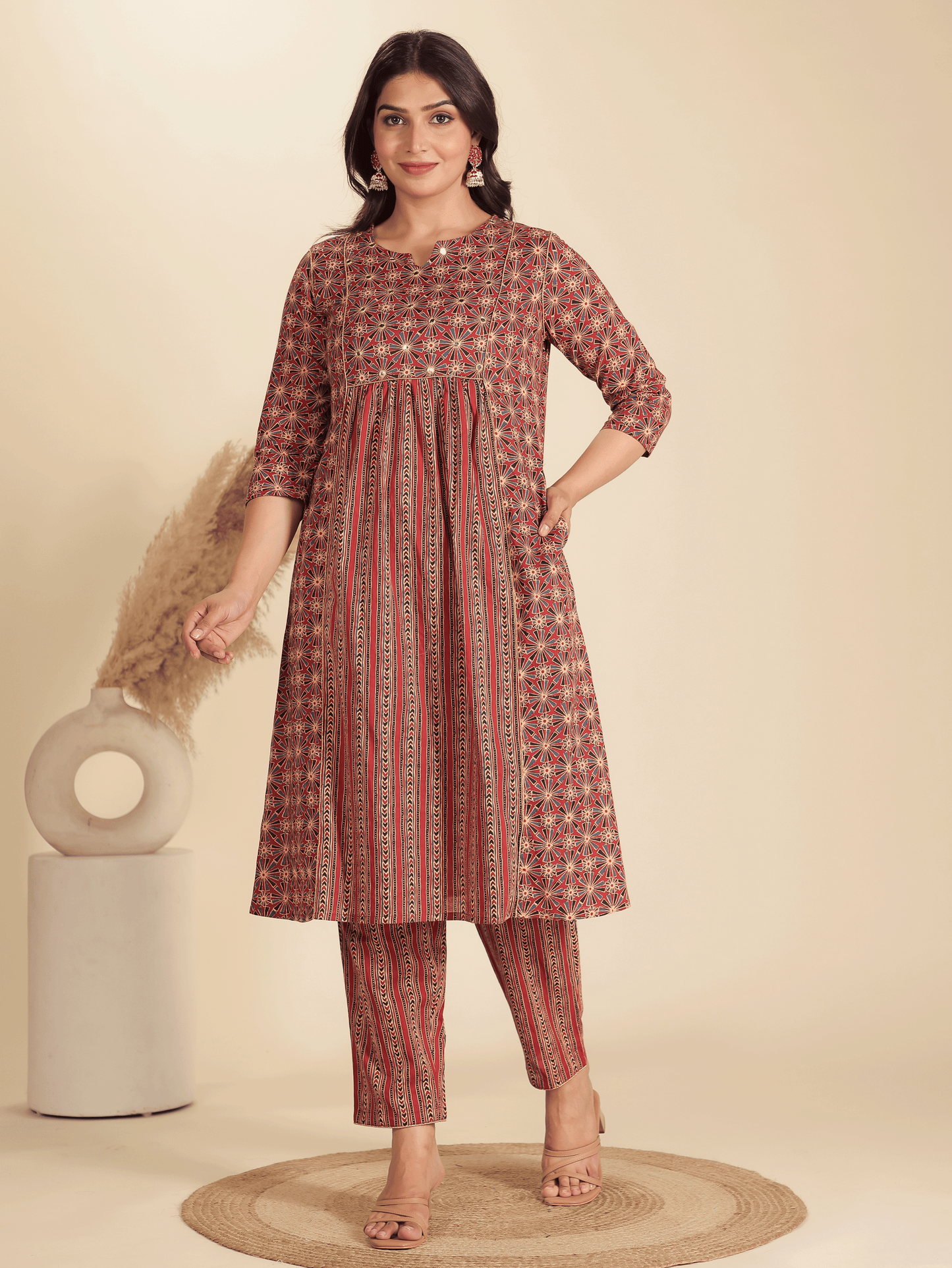 Soft Cotton Geometric Panelled Red Kurta