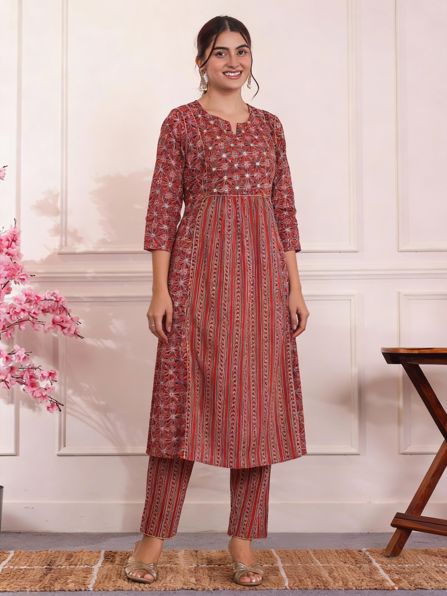Embroidered Soft Cotton Geometric Panelled Red
