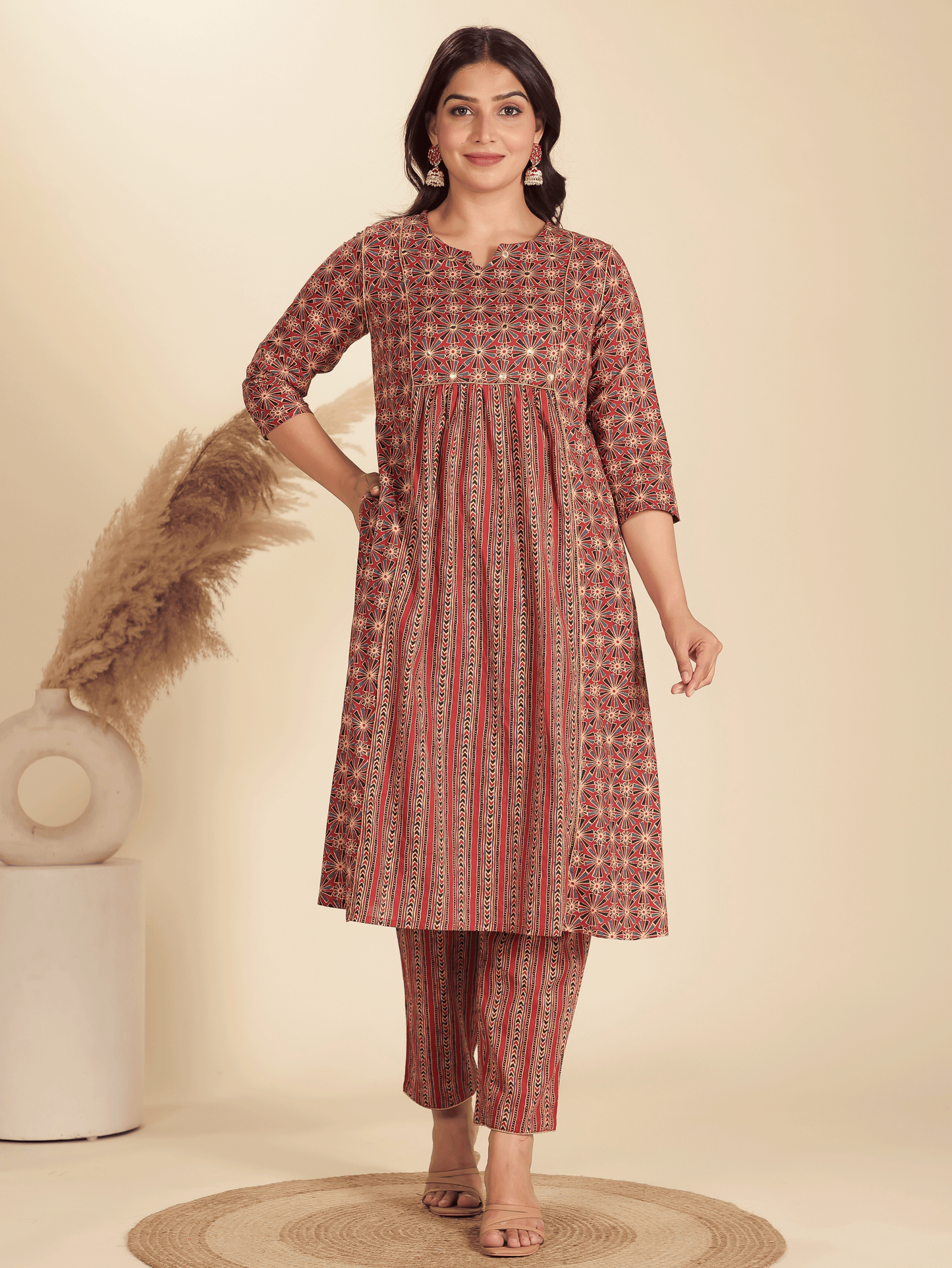 Soft Cotton Geometric Panelled Red Kurta