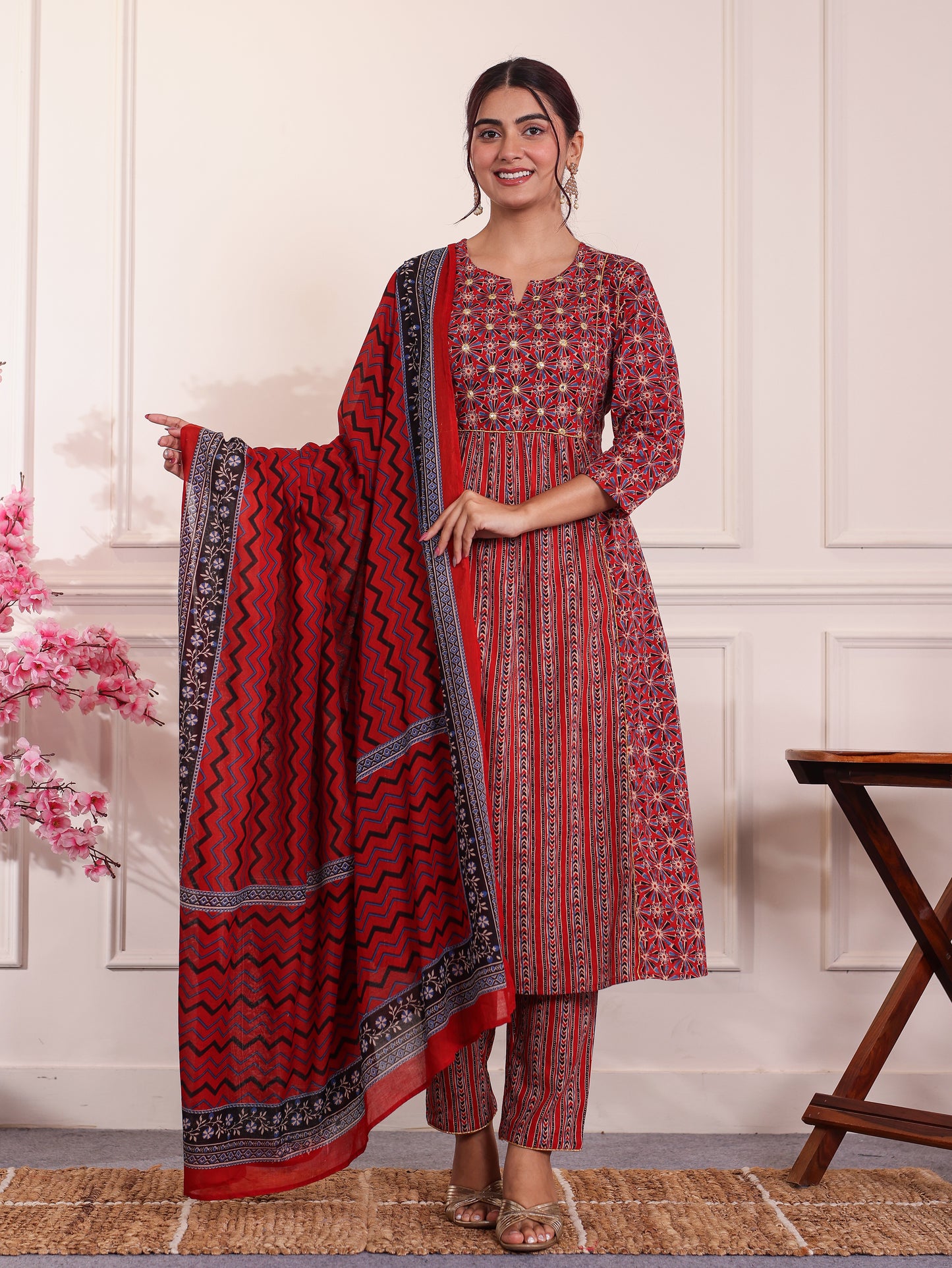 Embroidered Soft Cotton Geometric Panelled Red