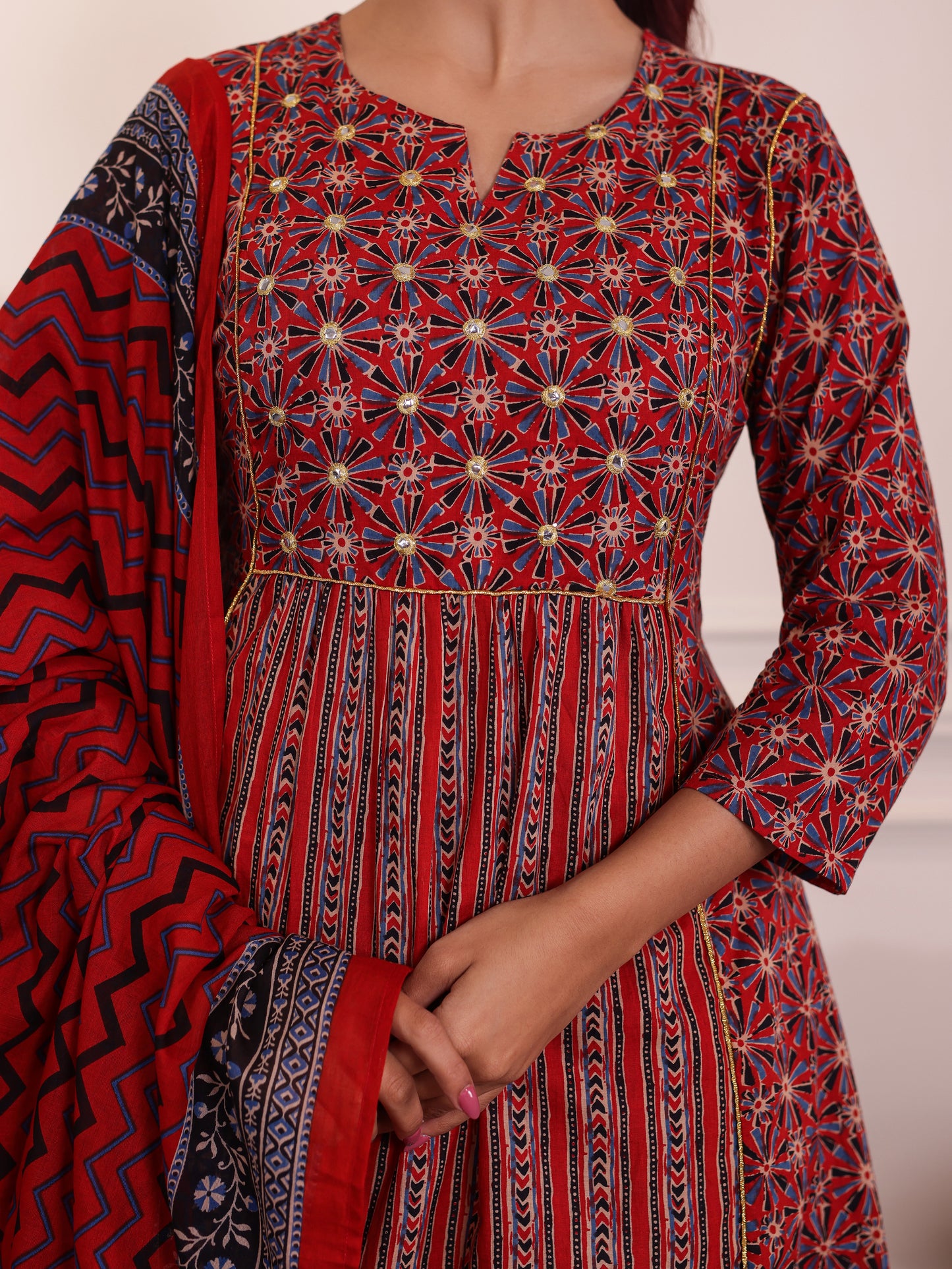 Embroidered Soft Cotton Geometric Panelled Red