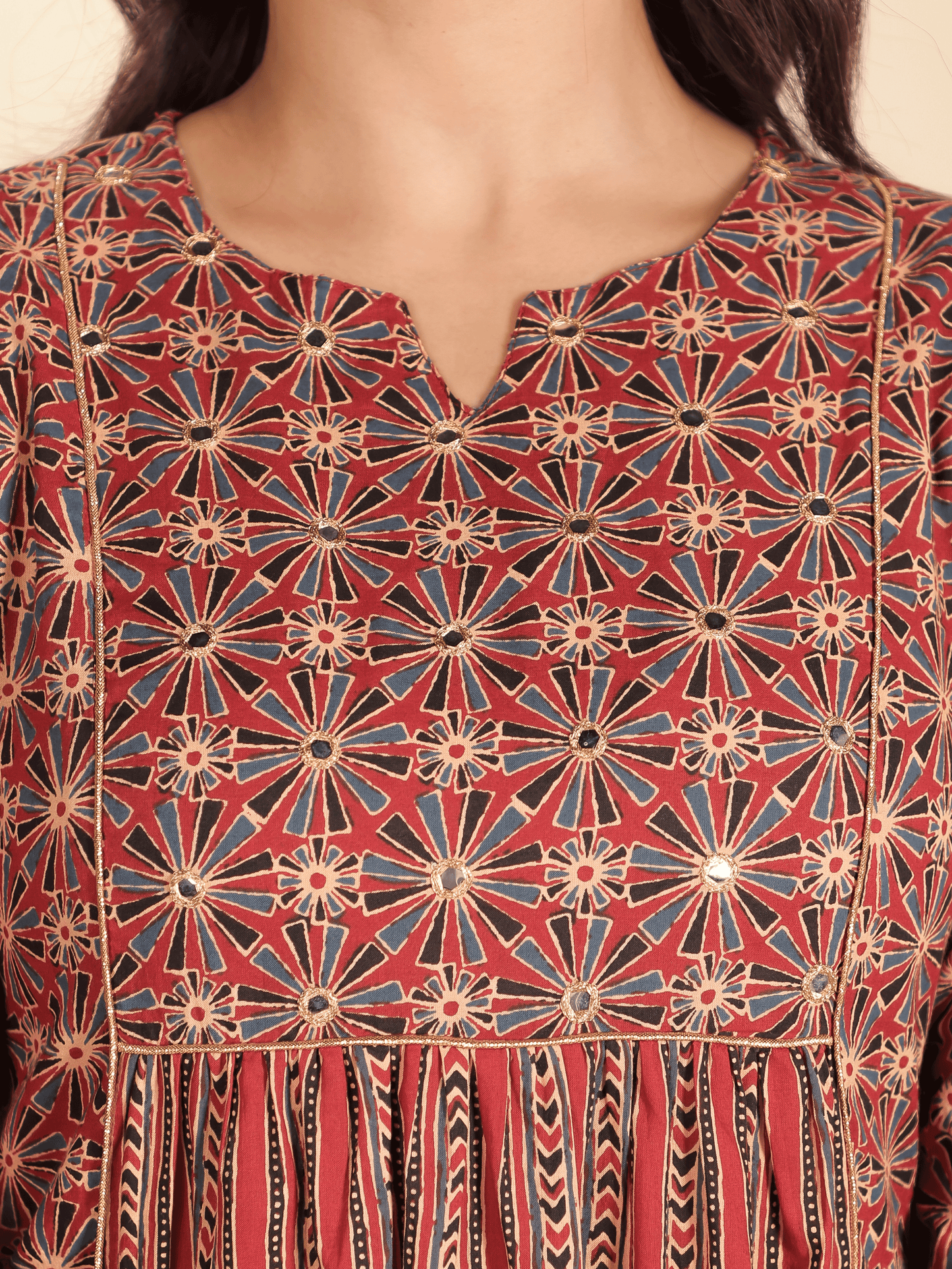 Soft Cotton Geometric Panelled Red Kurta