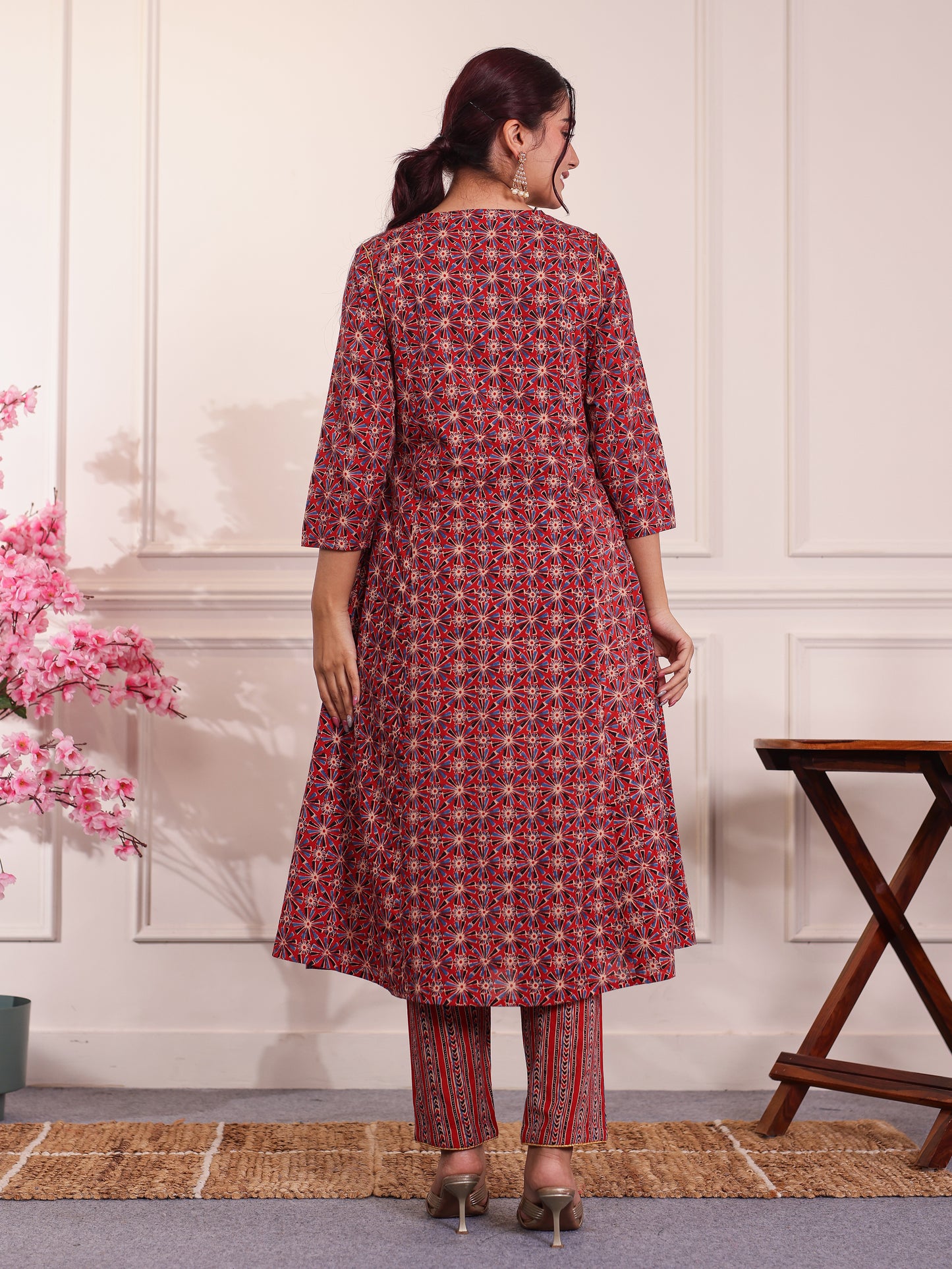 Embroidered Soft Cotton Geometric Panelled Red