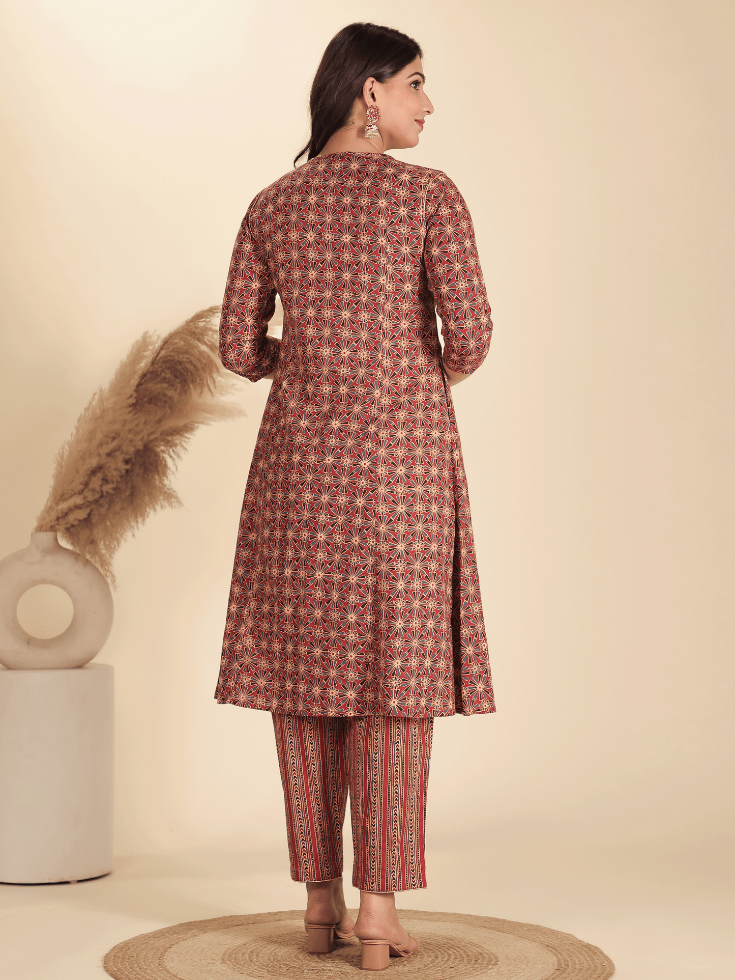 Soft Cotton Geometric Panelled Red Kurta