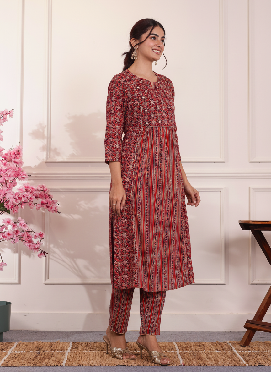 Embroidered Soft Cotton Geometric Panelled Red
