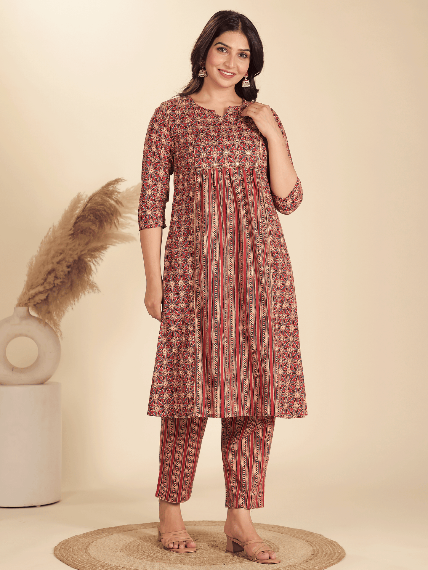 Soft Cotton Geometric Panelled Red Kurta