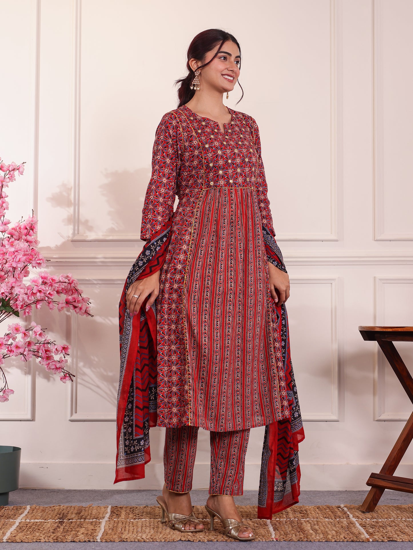 Embroidered Soft Cotton Geometric Panelled Red