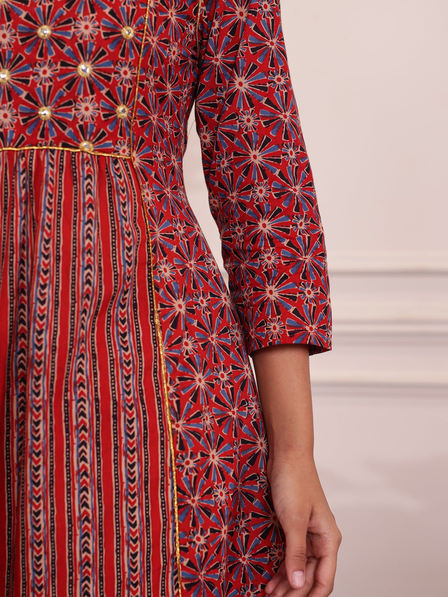 Embroidered Soft Cotton Geometric Panelled Red
