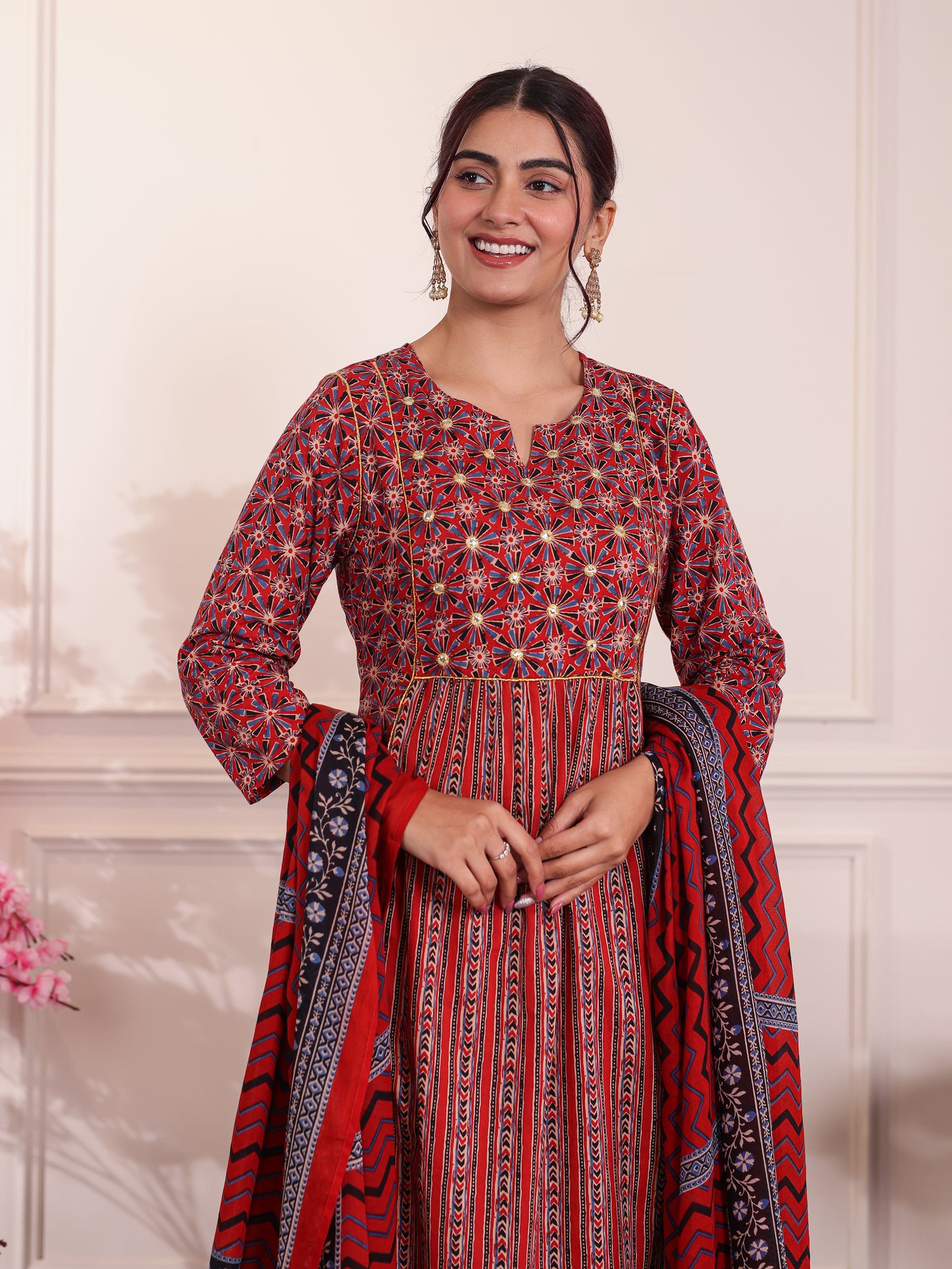 Embroidered Soft Cotton Geometric Panelled Red