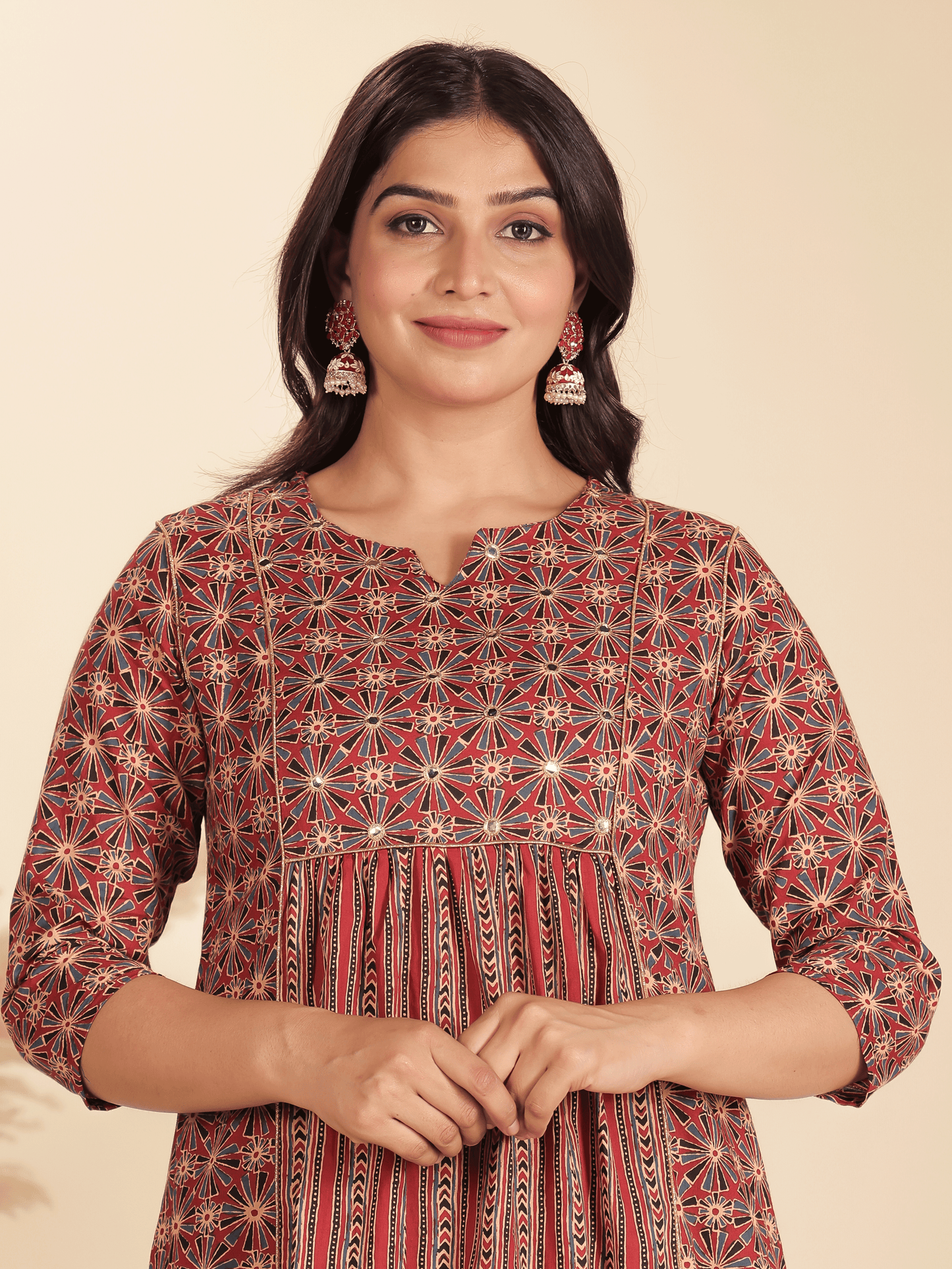 Soft Cotton Geometric Panelled Red Kurta