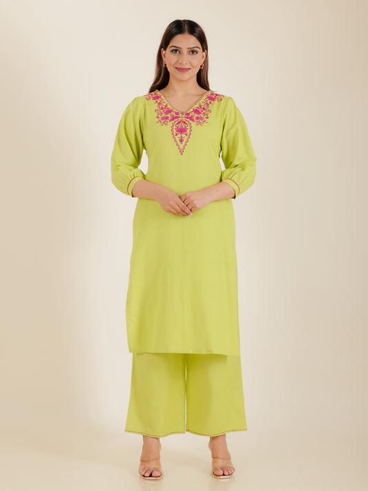 Linen Cotton Solid Straight Green Kurta