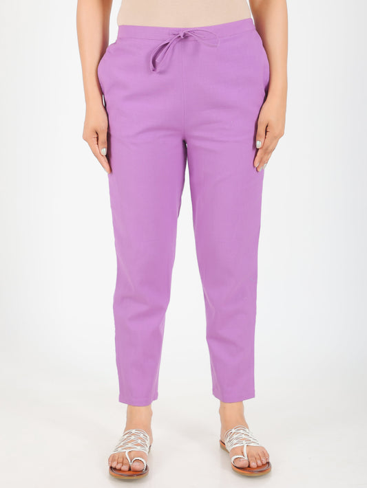 Linen Cotton Solid Purple Tapered Trousers