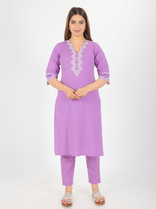 Linen Cotton Solid Straight Purple Kurta