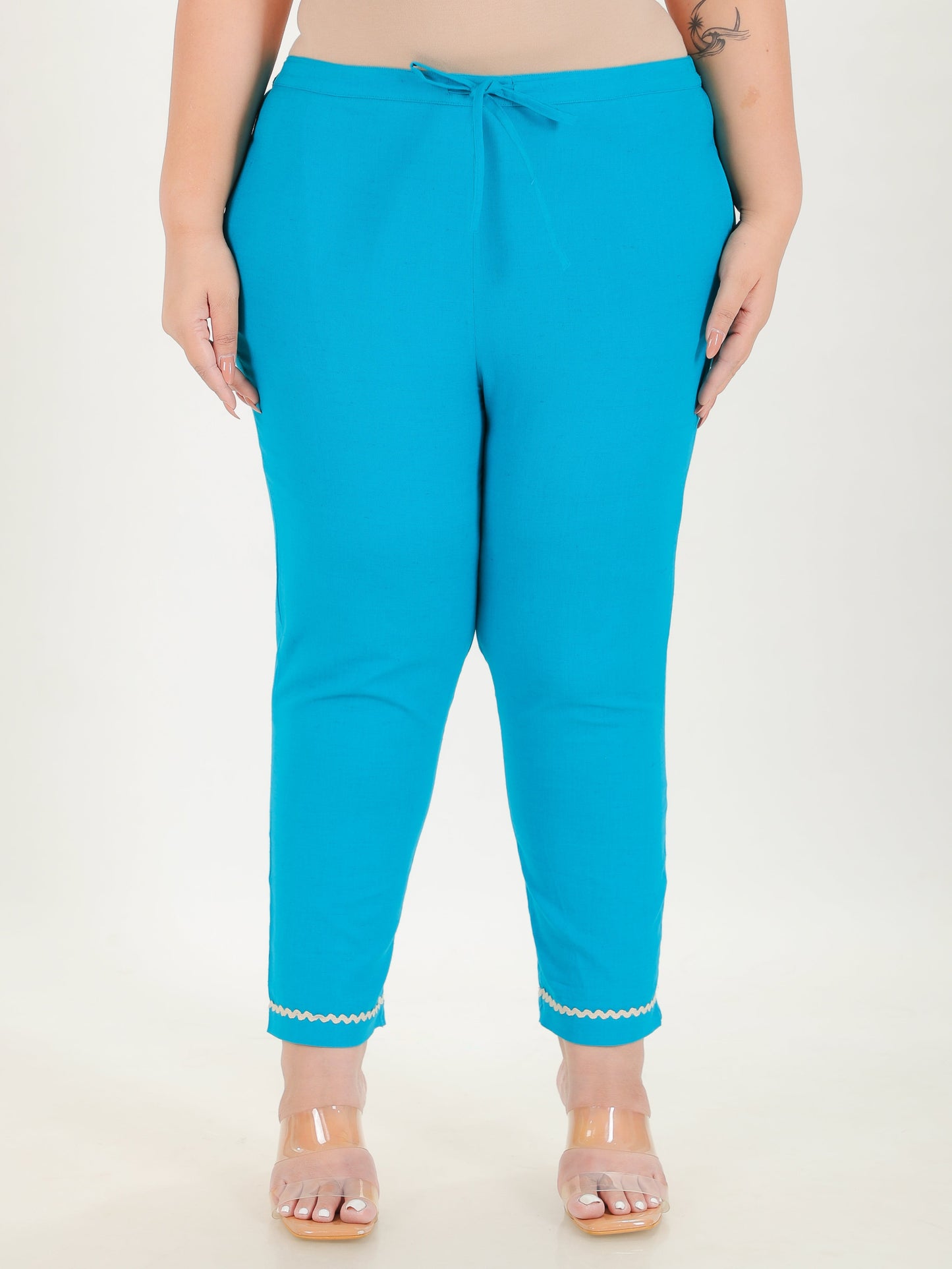 Linen Cotton Solid Teal Tapered Trousers