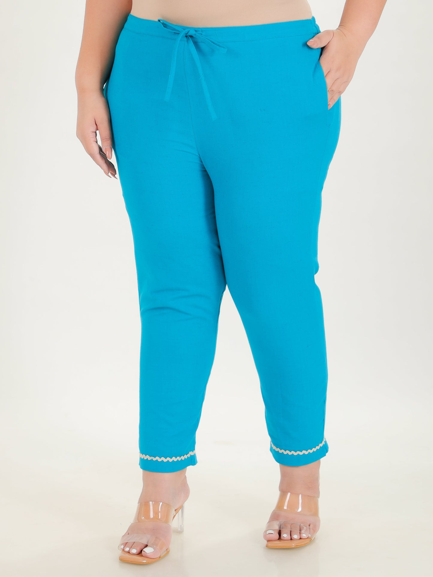 Linen Cotton Solid Teal Tapered Trousers