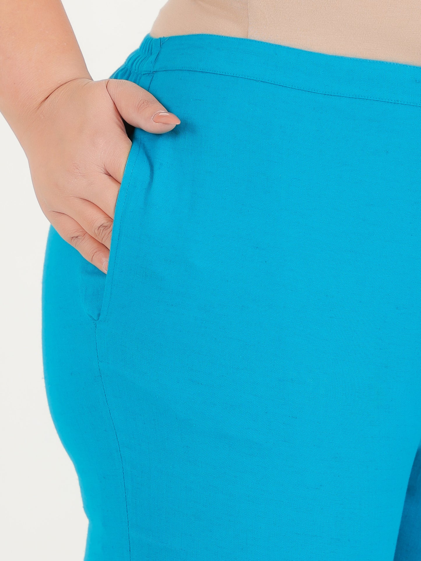 Linen Cotton Solid Teal Tapered Trousers