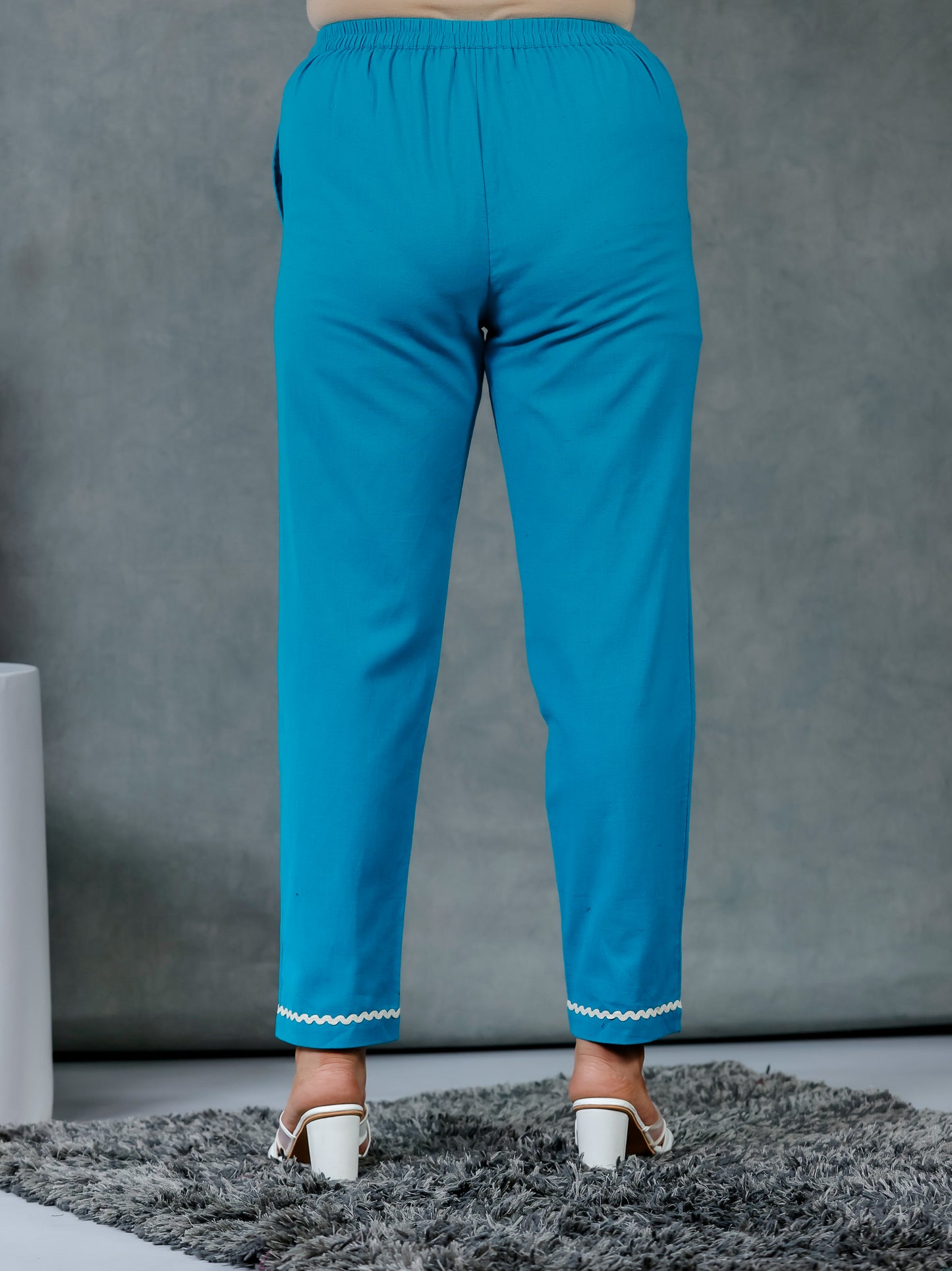 Embroidered Linen Cotton Solid Flared Teal Kurta