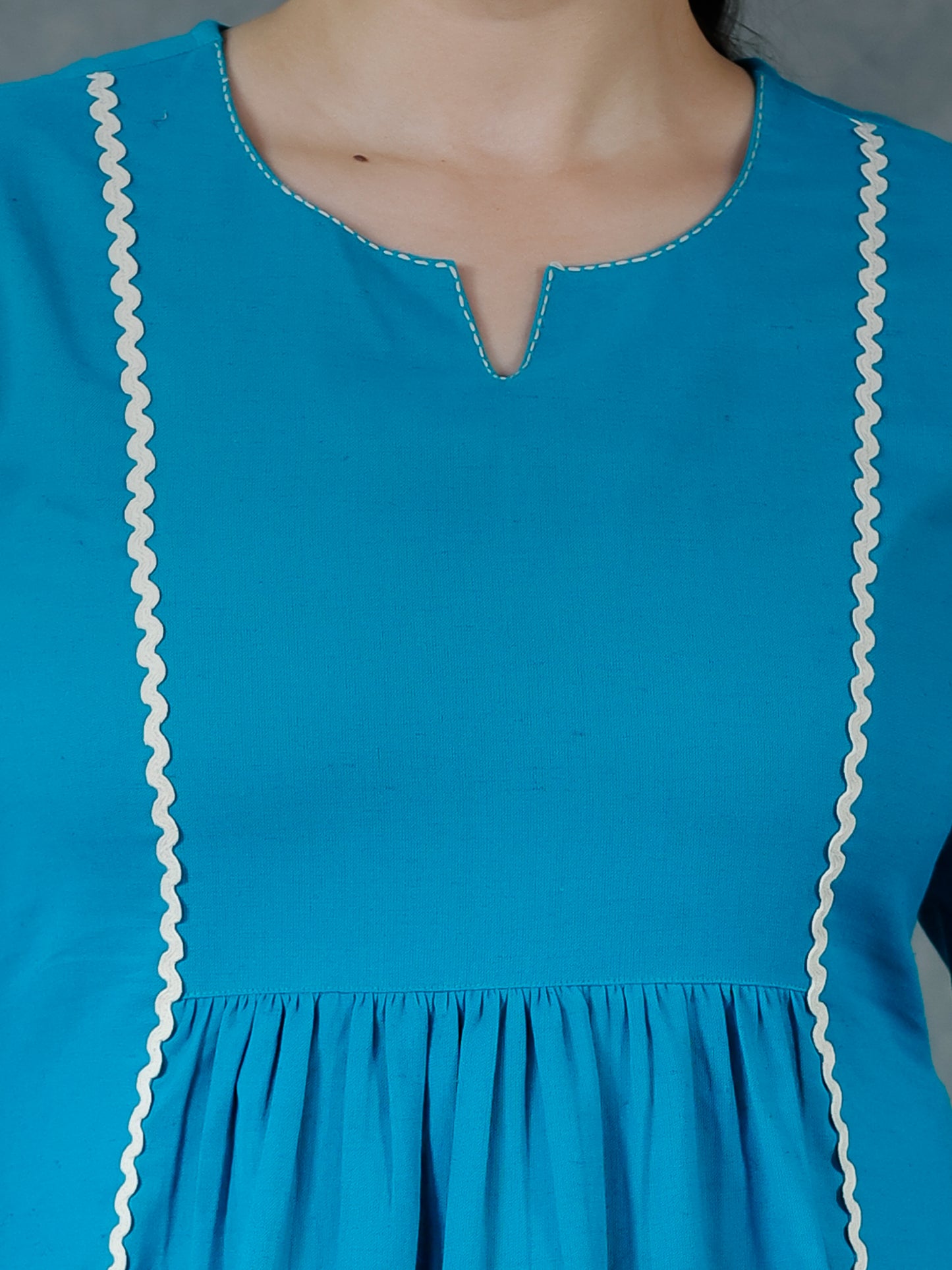 Embroidered Linen Cotton Solid Flared Teal Kurta