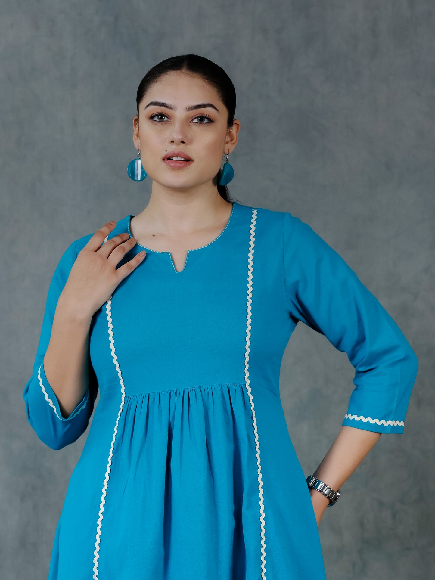 Embroidered Linen Cotton Solid Flared Teal Kurta
