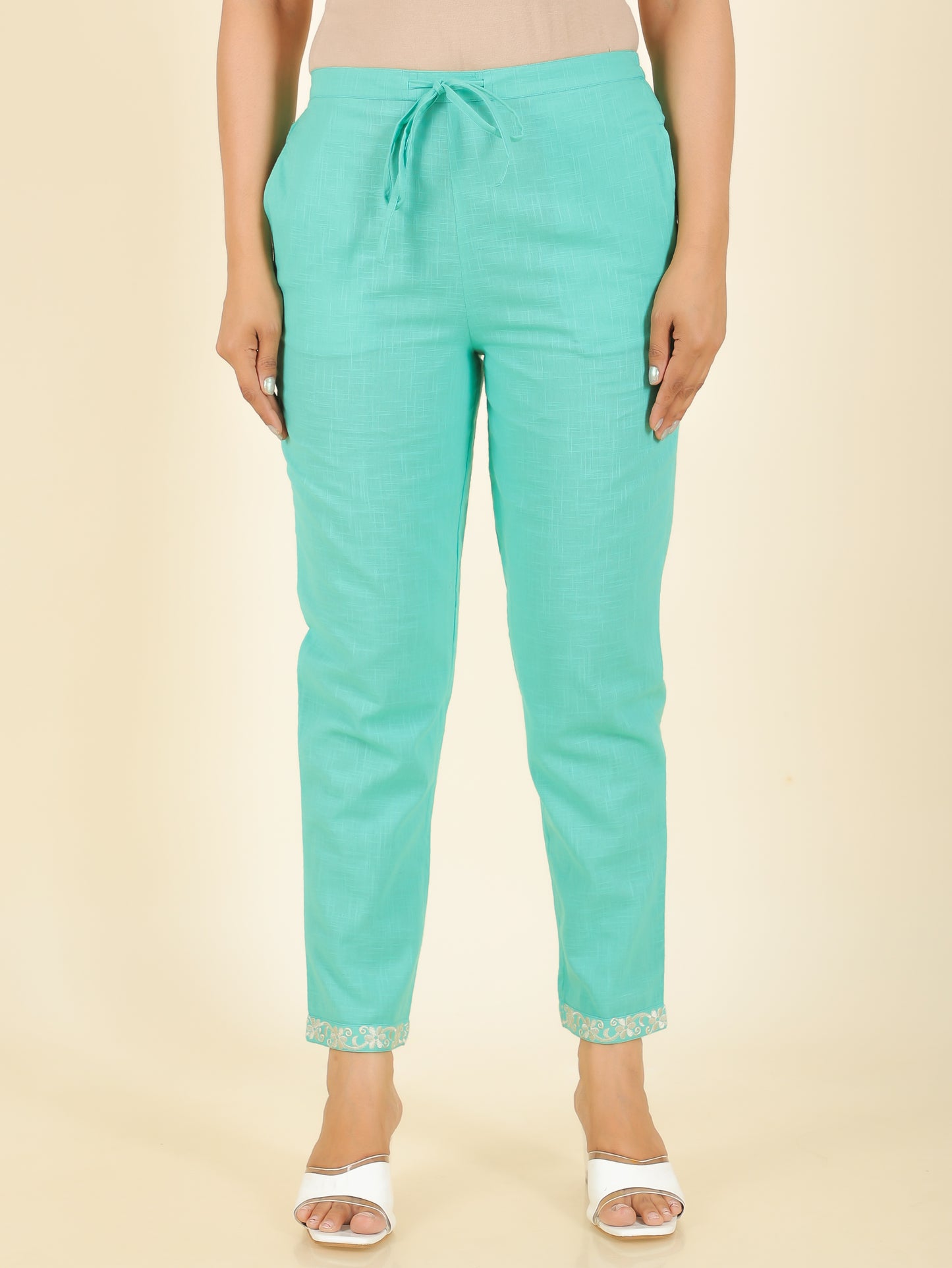 Natural Cotton Solid Green Tapered Trousers