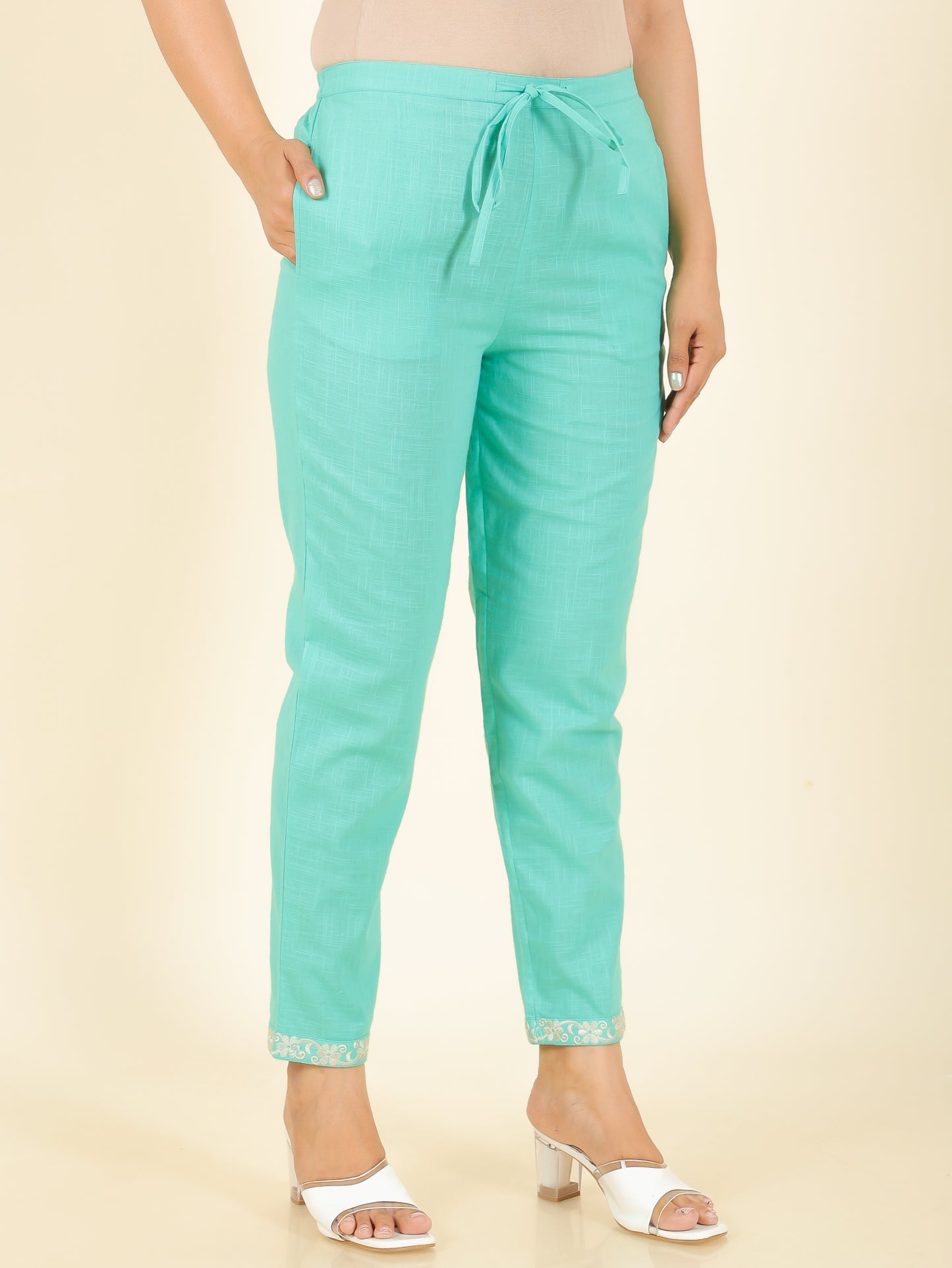 Natural Cotton Solid Green Tapered Trousers
