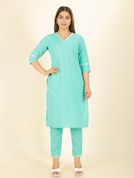 Natural Cotton Solid Straight Green Kurta