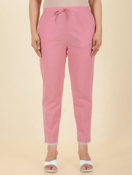 Natural Cotton Solid Pink Tapered Trousers