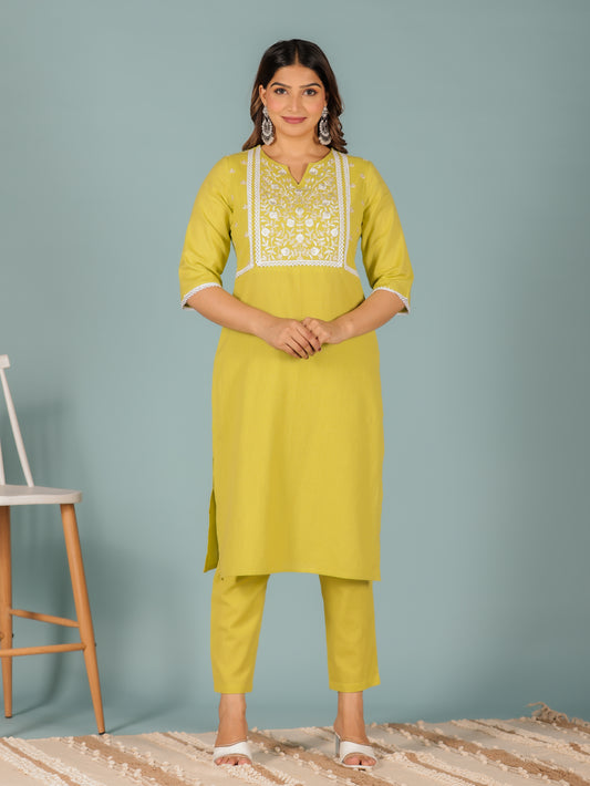 Linen Cotton Solid Straight Green Kurta