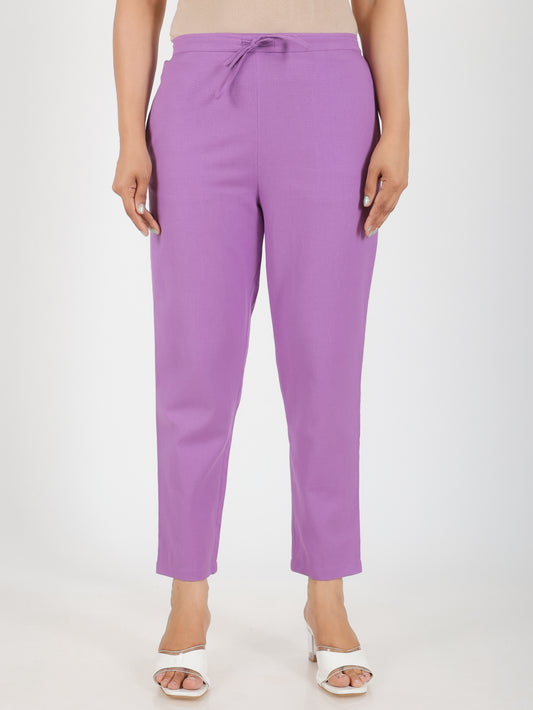 Linen Cotton Solid Purple Tapered Trousers