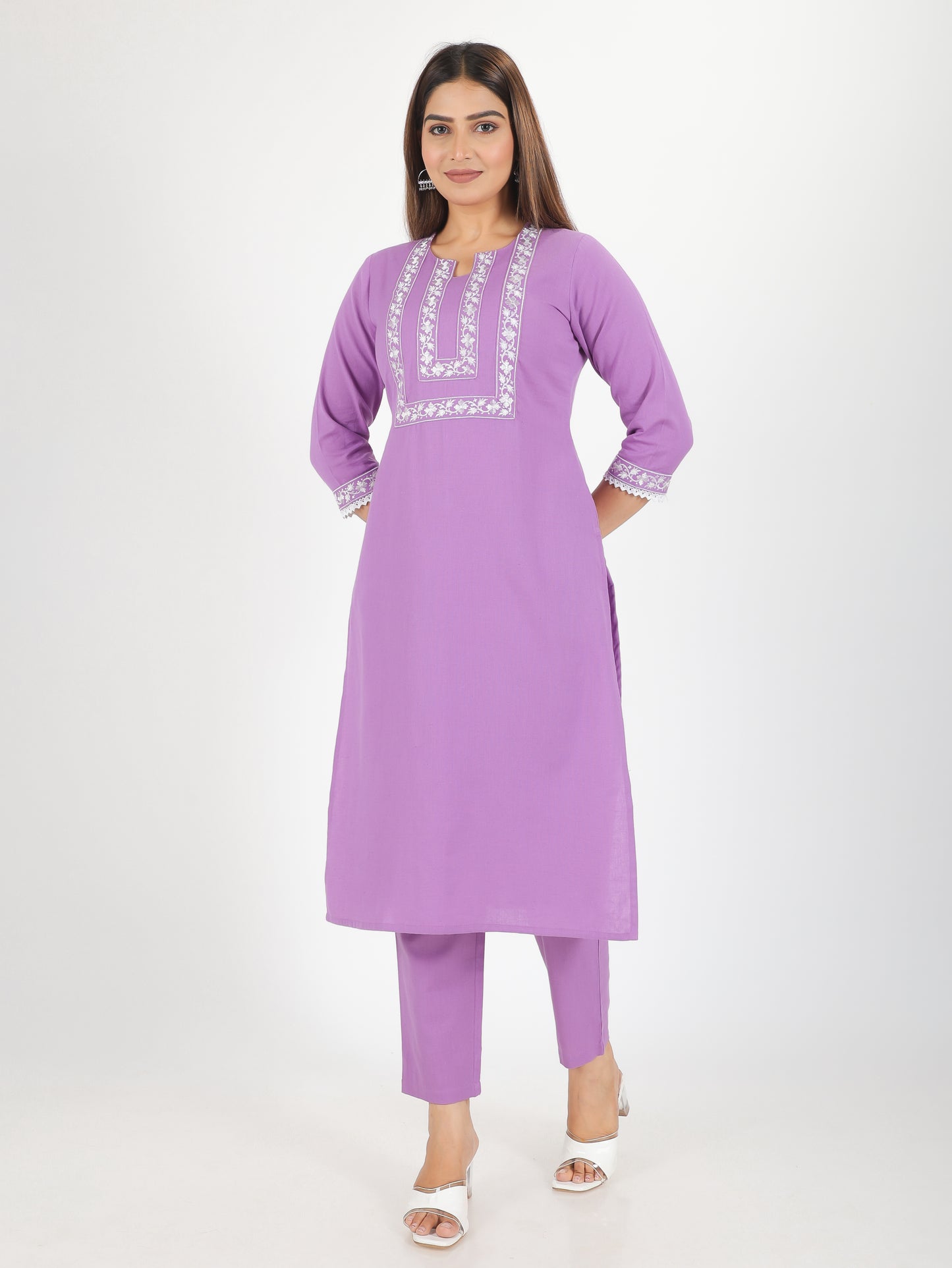 Linen Cotton Solid Embroidered Kurta