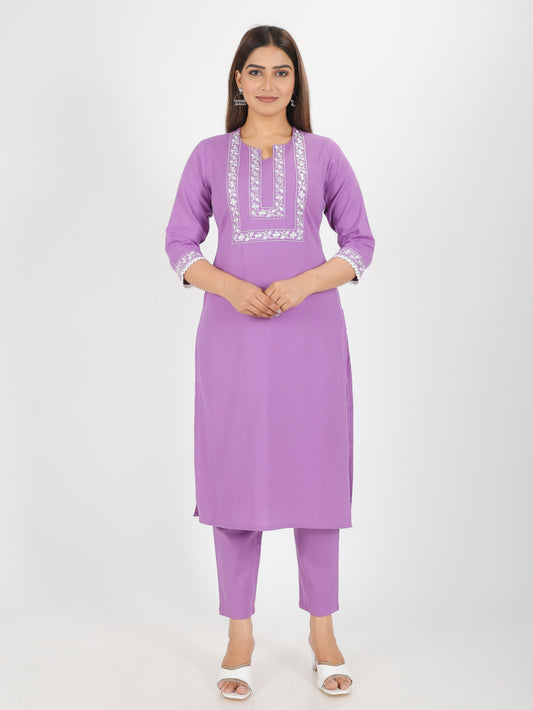 Linen Cotton Solid Embroidered Kurta